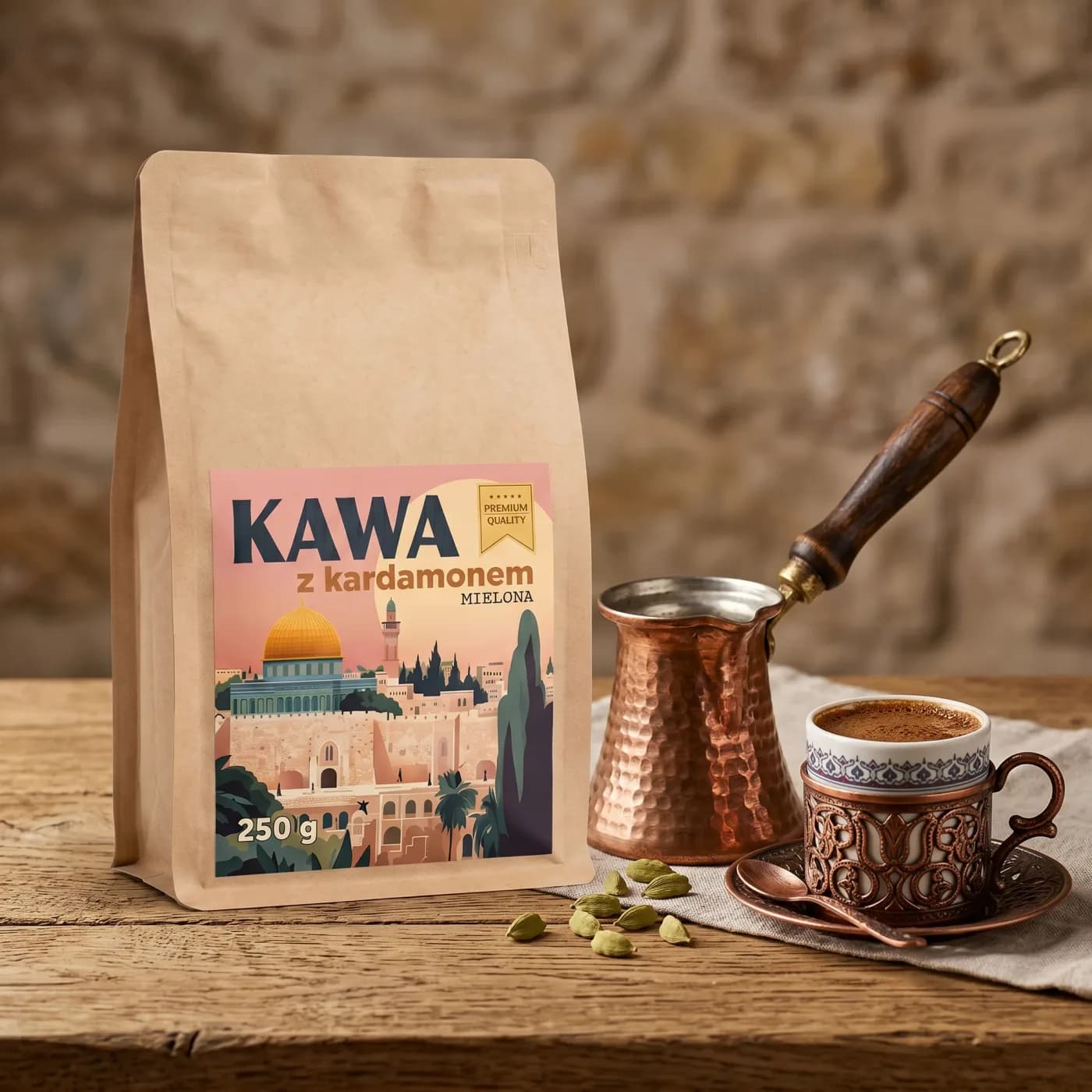Kawa z kardamonem marki Małe Betlejem w aranżacji z miedzianym tygielkiem i filiżanką kawy po wschodniemu