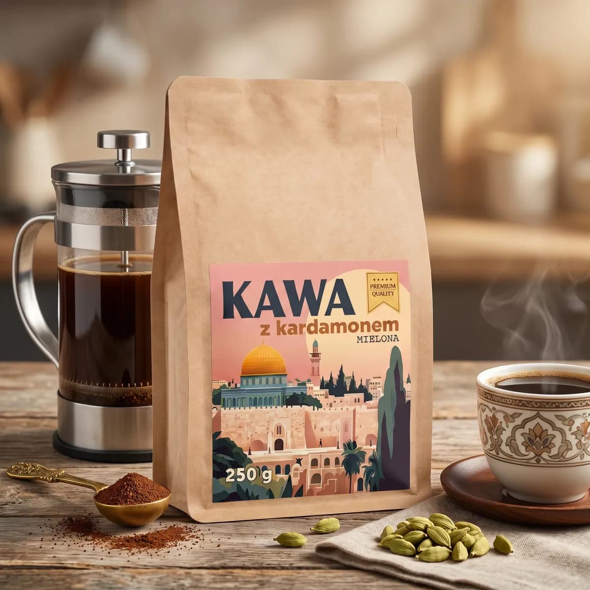 Aranżacja: doypack kraft 250 g z kawą z zielonym kardamonem, kafetiera i filiżanka kawy na drewnianym blacie