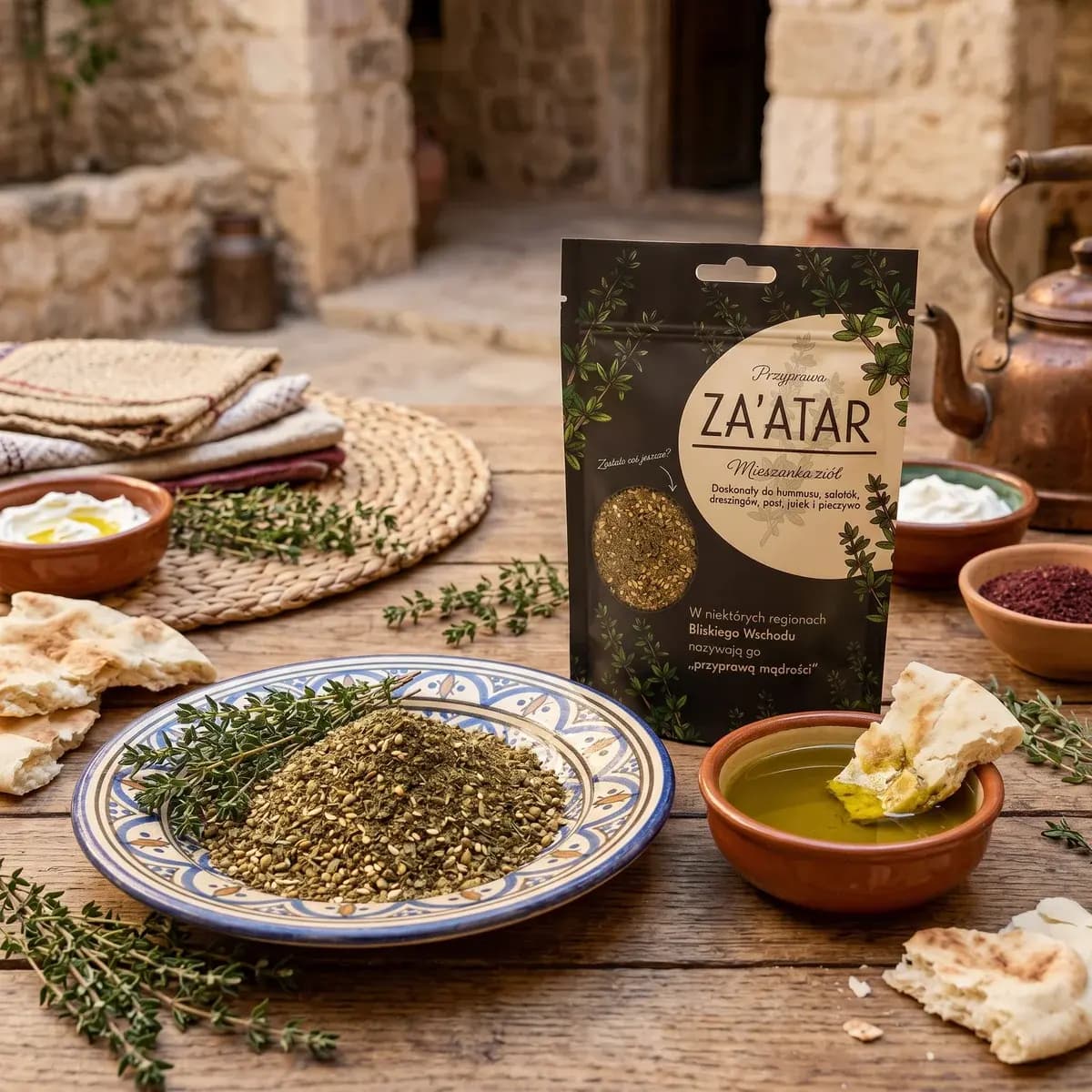Aranżacja: doypack 100 g z mieszanką ziół Za'atar, talerz przyprawy, oliwa i pieczywo pita na drewnianym stole